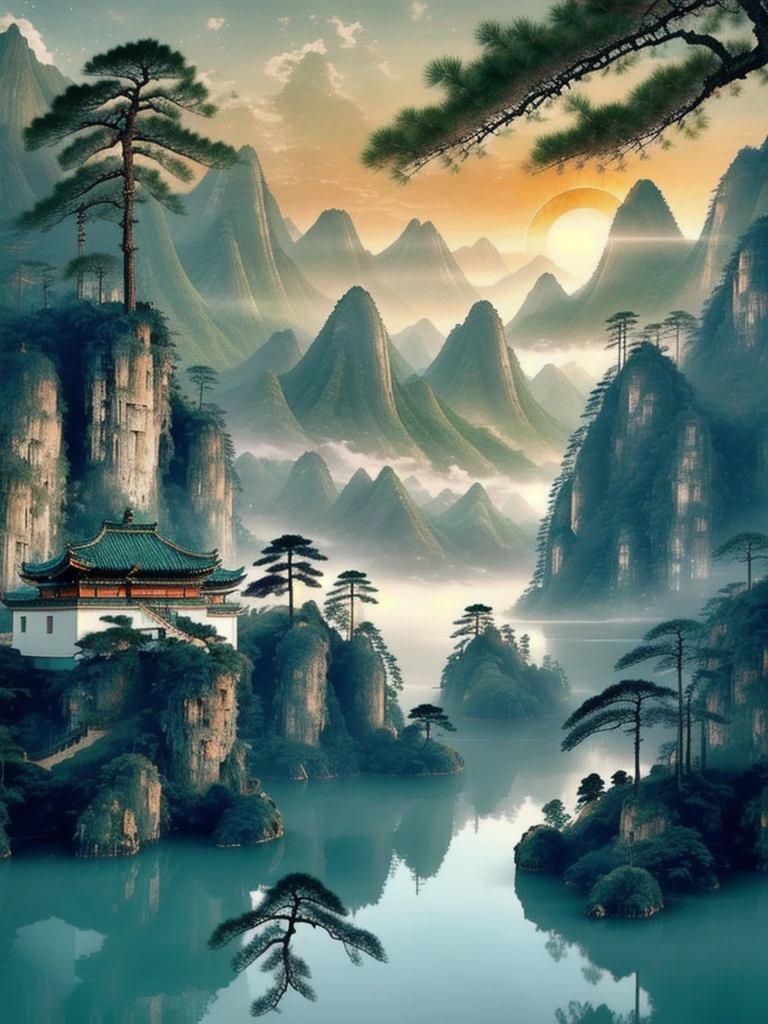 Anime Style, Akira Toriyama. Create a lush, green mountain landscape at sunrise, inspired by traditional Chinese art. The scene should feature verdant, towering mountains covered in thick, vibrant green foliage, with ancient trees, vines, and dense vegetation creating a sense of richness and life. The mountainsides should be teeming with various shades of green, from deep emerald to soft moss, giving the area a dense, jungle-like atmosphere. The sky should be illuminated with warm hues of orange and pink as the sun begins to rise, casting soft light over the mountains. Mist should swirl gently around the mountain peaks, adding a touch of mysticism. At the center of the scene, leave a clear, flat space on a mountaintop where a stone egg has just cracked open (this is where I will insert an image of Sun Wukong emerging). Surround this area with a gentle golden glow and floating sparkles to signify a magical event. Ensure the overall mood is lush, vibrant, and full of life, capturing the feeling of an ancient, enchanted forest high in the mountains.