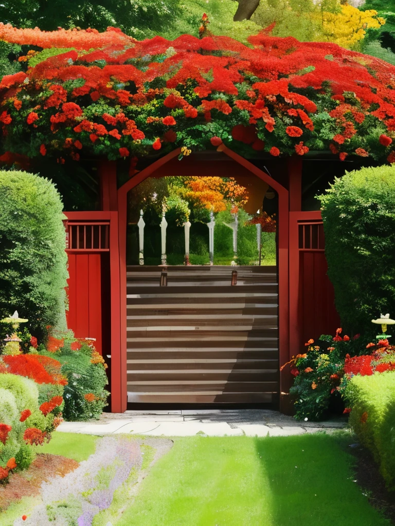there is a gate in the middle of a garden with red flowers, flame shrubs, in red gardens, cottagecore flower garden, red blooming flowers, autumn overgrowth, glimpse of red, vibrant but dreary red, in a cottagecore flower garden, vibrant red and green colours, beautiful composition, with soft bushes, overgrown with flowers
