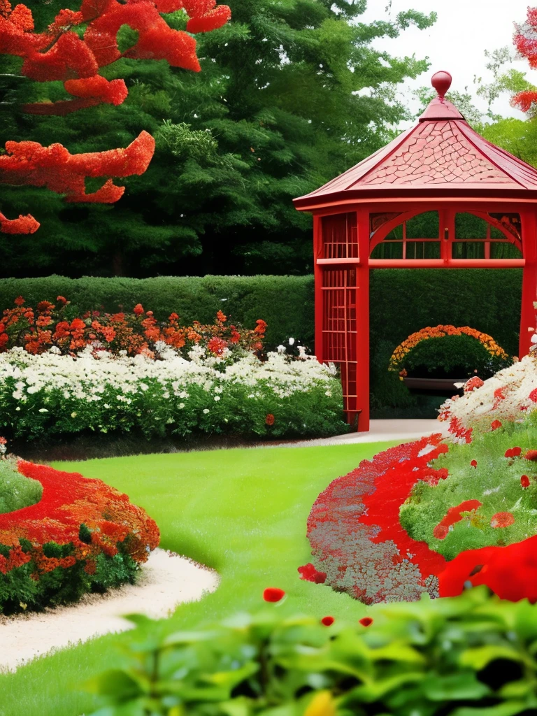 there is a gate in the middle of a garden with red flowers, flame shrubs, in red gardens, cottagecore flower garden, red blooming flowers, autumn overgrowth, glimpse of red, vibrant but dreary red, in a cottagecore flower garden, vibrant red and green colours, beautiful composition, with soft bushes, overgrown with flowers