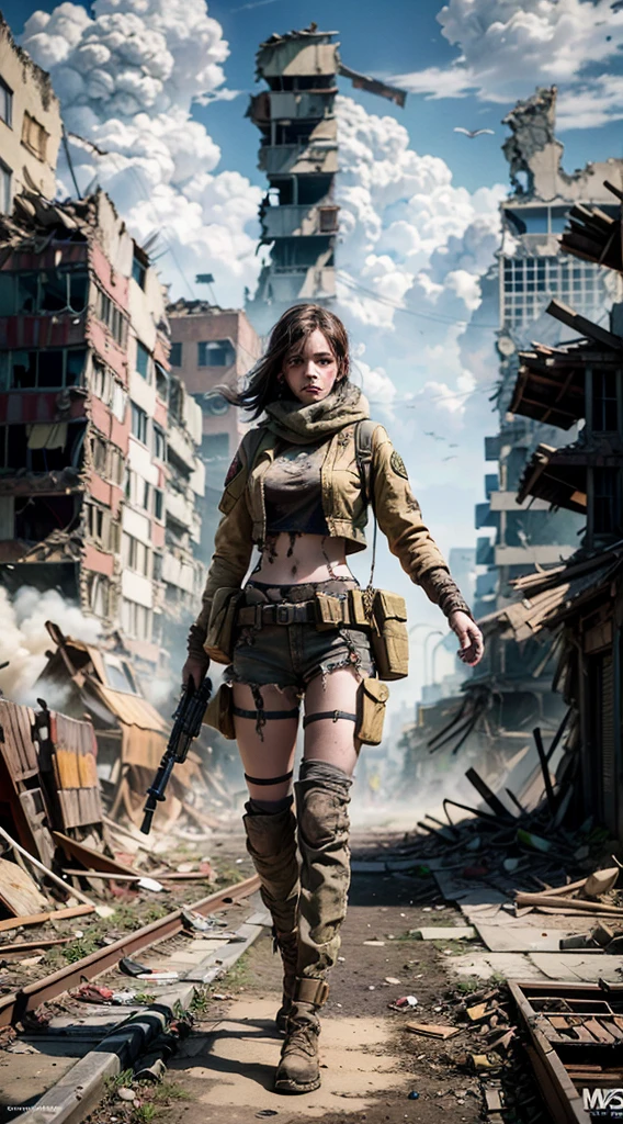masterpiece, best quality, high resolution, Rich details, 8k, extreme light and shadow, Image of a beautiful young woman wearing yellow tactical gear, dirty and dusty , Walk through the ruined streets of a fallen city, Post-apocalypse, Smoke and fog in the air, The yellow-gray sky bursts open, covered with toxic clouds.., collapsed buildings, Broken streets, tall body, detailed face, detailed eyes, cold face, dirty, (Post-apocalypse theme),