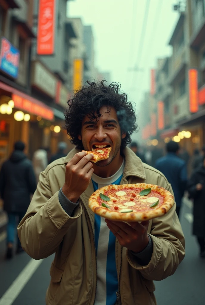 Diego Maradona eat pizza in the japan street. Realistic style. Film photography 35mm
