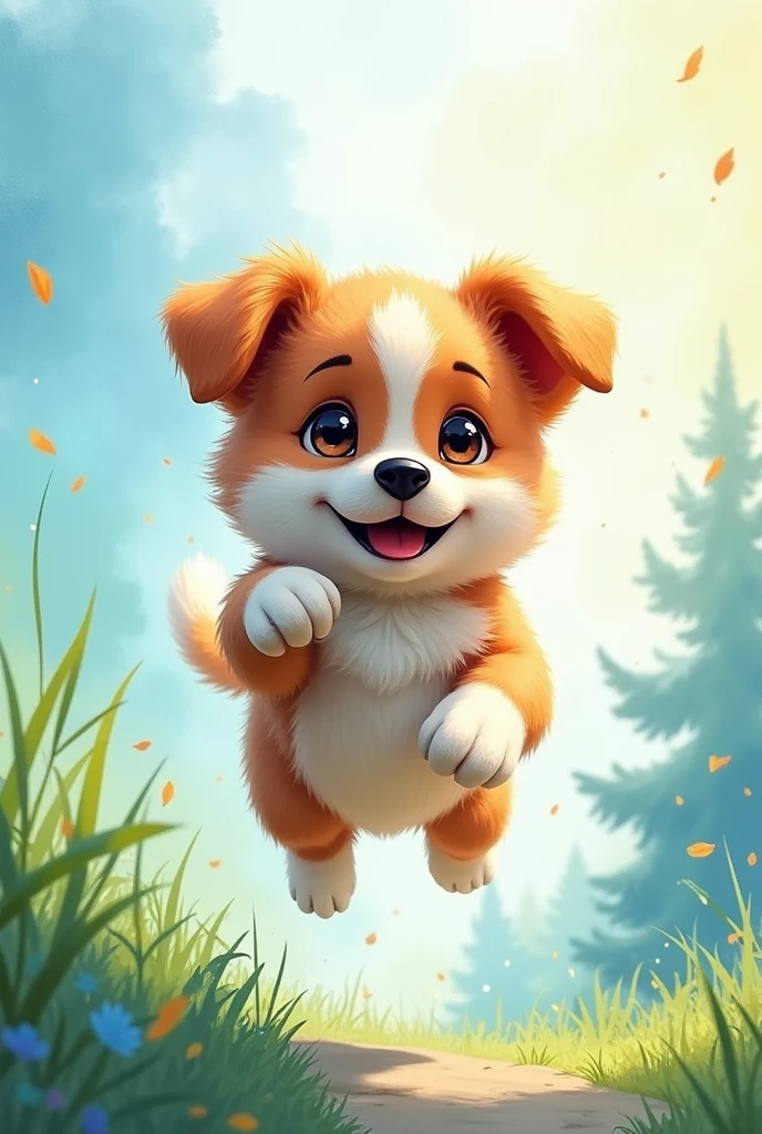 A cute furry puppy jumping,water colour art
