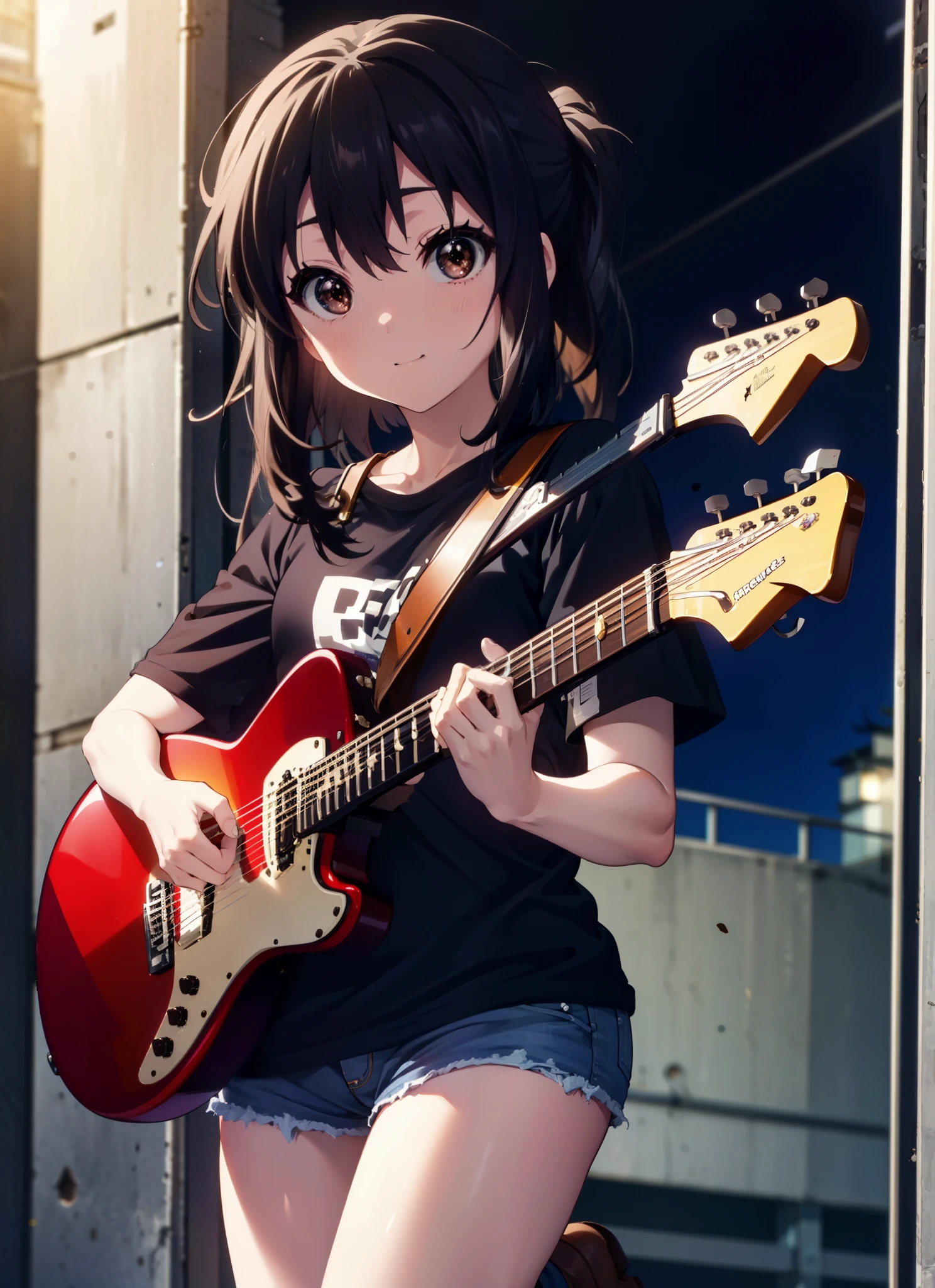 meet, Azusa Nakano, Black Hair, (Brown eyes:1.5),Long Hair,hair band,Oversized T-shirt,Short sleeve,denim,short boots,Instrument playing, Stage Performance, hot air,Happy atmosphere,スタンドマイクの前でguitarをを弾きながら熱唱,guitar(Red Mustang),On the forehead,Singing with your mouth open,smile,Street Performance,night,moonlight,whole bodyがイラストに入るように,
break outdoors, Building district,
break looking at viewer, whole body,
break (masterpiece:1.2), Highest quality, High resolution, unity 8k wallpaper, (figure:0.8), (Beautiful attention to detail:1.6), Highly detailed face, Perfect lighting, Highly detailed CG, (Perfect hands, Perfect ???????),