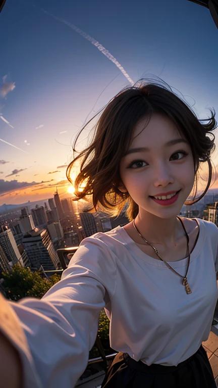 One person, Korean, Fisheye Lens, Selfie, Wind, Messy Hair, sunset, Cityscape, (Aesthetics and atmosphere:1.2),smile