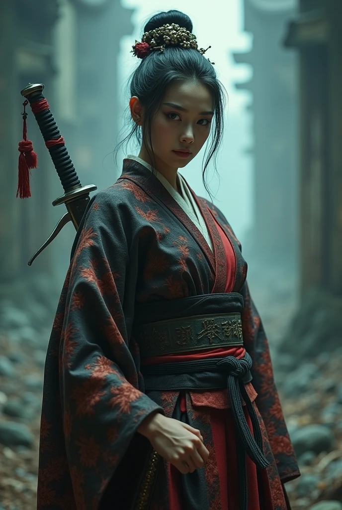 (8K, highest quality, masterpiece:1.2), (realistic:1.4), Raw photo, highest quality, ultra high resolution, best shadow, (full body:1), historical heroine, cleavage, Swordmaster, kabuki, (samurai sword), large scale amazing environment, horror, dark horror, highly detailed facial features, beautiful and perfect face, perfect eyes, perfect fingers,