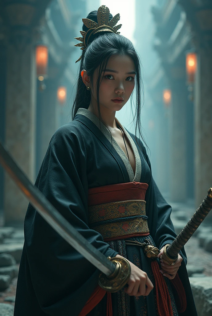 (8K, highest quality, masterpiece:1.2), (realistic:1.4), Raw photo, highest quality, ultra high resolution, best shadow, (full body:1), historical heroine, cleavage, Swordmaster, kabuki, (samurai sword), large scale amazing environment, horror, dark horror, highly detailed facial features, beautiful and perfect face, perfect eyes, perfect fingers,