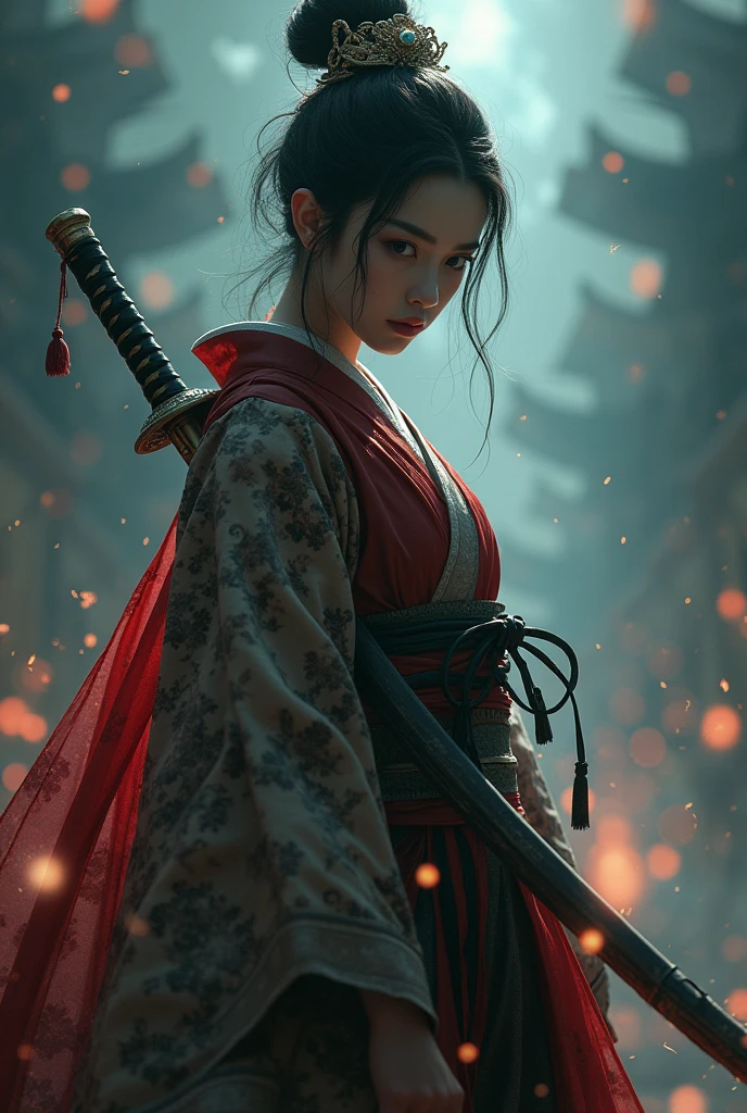 (8K, highest quality, masterpiece:1.2), (realistic:1.4), Raw photo, highest quality, ultra high resolution, best shadow, (full body:1), historical heroine, cleavage, Swordmaster, kabuki, (samurai sword), large scale amazing environment, horror, dark horror, highly detailed facial features, beautiful and perfect face, perfect eyes, perfect fingers,