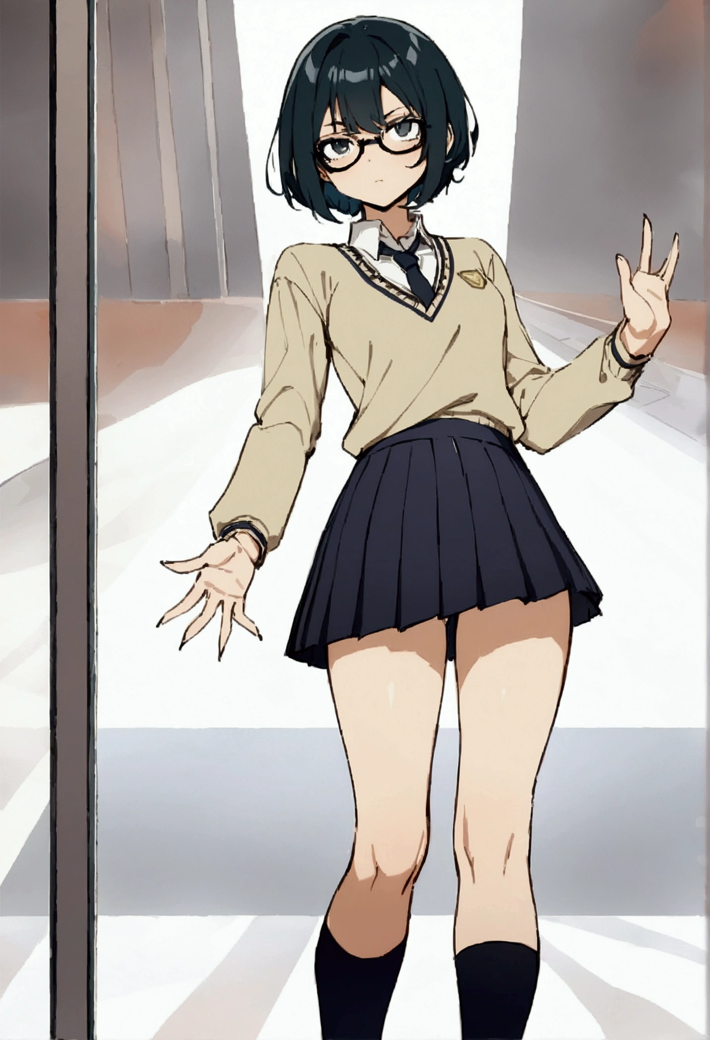 1girl, short hair, black hair, short hair, very short hair, necktie, school uniform, glasses, standing, best quality, amazing quality, very aesthetic, masterpiece ,Better hands,