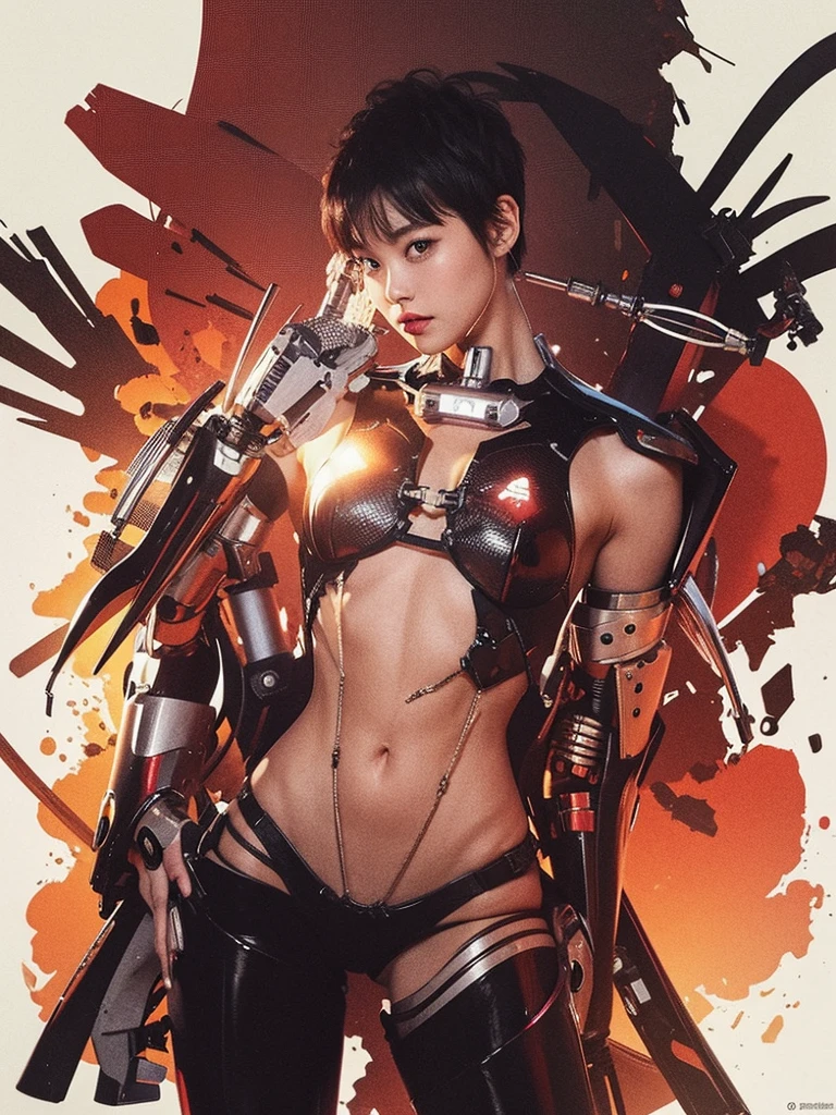 1 girl, Plug set, Robotic Arm, short hair, Muscular body, full-body shot