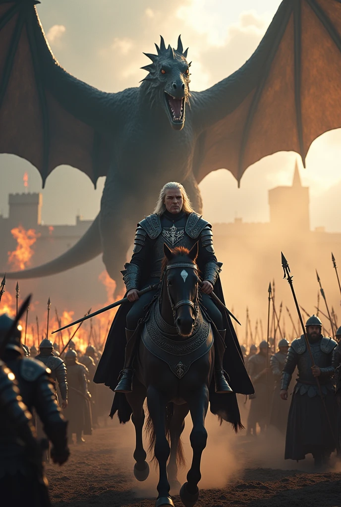 Create a detailed image of Aegon Targaryen on the battlefield and with his black dragon breathing fire into the sky