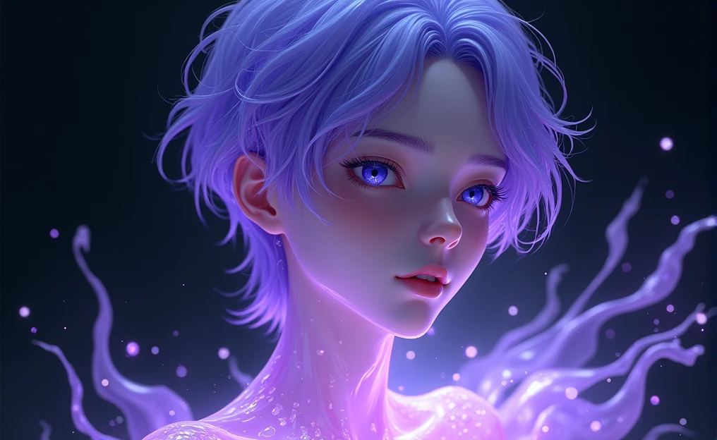 The image shows a younger man with delicate, androgynous features. The person has pale and smooth skin watching at us , with a serene and dreamy expression. His eyes are an intense and bright blue and purple, with a look that seems lost in deep thoughts. The younger man hair is short, flowing, and a deep black that appears to be made of liquid light. It is soaked and falls in clumps that blend into the background, giving a sense of movement and fluidity. There is an ethereal lighting effect surrounding the boy. Flashes of blue and white light spread across the image, as if the person is surrounded by some kind of magical energy. Light reflections on the skin and hair reinforce this feeling that the boy is made of a liquid or crystalline material. The background is dark, which makes the light effects stand out even more. There is a play of light and shadow that adds depth and mystery to the scene. The style is very detailed and realistic, with a fantastic touch. The use of cool colors and lighting effects creates a dreamy and otherworldly atmosphere.