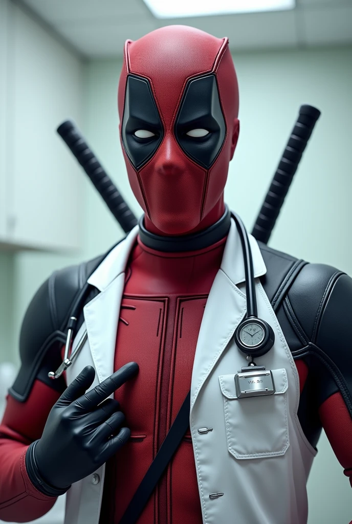 Doctor Deadpool, smiling, doctor, photorealistic, medical glove on hand, stomatolog, sexy