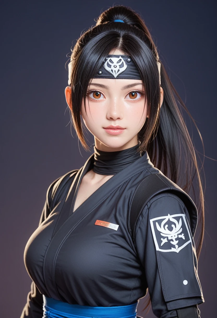 score_9,score_8_up,score_7_up,(pastel-color),(high brightness colors),Cute 20-year-old Japanese 1 girl,solo,(8k, masterpiece, ultra-detailed, best quality, ultra high res, newest, very aesthetic, absurdres, illustration, perfect composition),(hires),looking at viewer,black hair,shiny skin,fair skin,(upper body:1.5),toothless smilev,emphasizing her curvy body and large breasts,(ninja:1.5)
