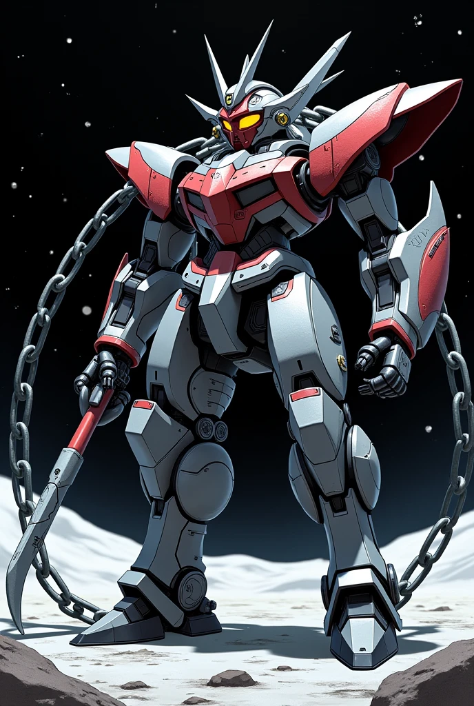A giant robot (samurai theming, head has helmet styling and a large bubble dome cockpit), lunar surface, stars in back ground, action pose, Wielding a huge chain with a spiked hook at the end