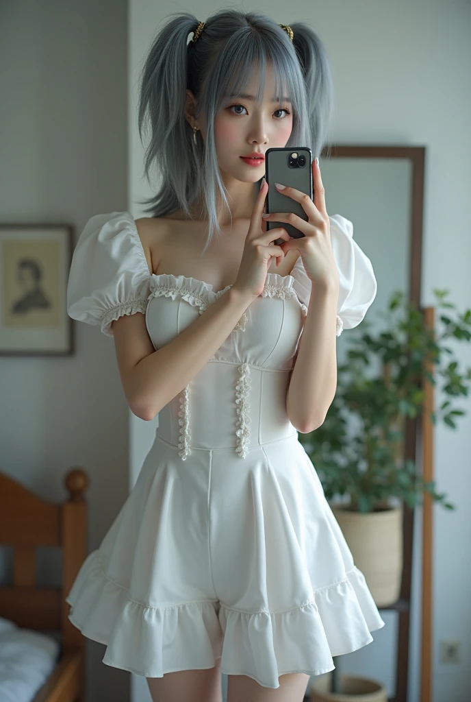 highly detailed, beautiful, hyper Realistic girl, masterpiece, best quality, Depict a mysterious and sophisticated beautiful Japanese gravure woman, 24-years-old, identity hidden, all body shot, /// wearing a perfect sexy Pierrot costume, white theme, stripe Knee-high socks, zettai ryouiki,/// gray arranged hair, small head, Detailed face, cute and Pretty slim face, Duck mouth, perfect beautiful Tooth, arranged gray hair, shiny eyes, blue-colored eyes, Realistic skin, Detailed face, /// Monotone simple modern taste single room, mirror, complicated background /// takes a selfie in her room using a smartphone in front of a mirror with one hand, standing and fashion model Posing, looking away from the camera,