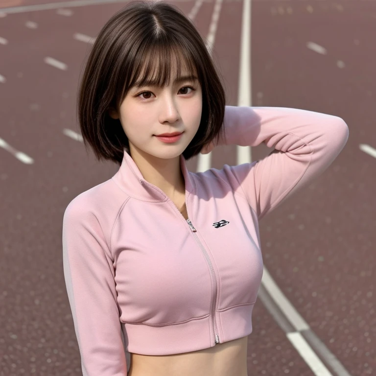 (kawaii 24 year-old Japanese girl, Nogizaka idol, Korean idol), healthy female athlete body, (glossy brown hair, short hair, pixie cut, bangs:1.3), (rounded face, beautiful black eyes, single eyelid, no makeup:1.2), (empty eyes, looking at away, sigh:1.4), (wearing light pink track jacket, sweat jogger pants:1.3), perfect shaped extra small breasts, BREAK, (track and field background:1.2), (dynamic angle, upper body shot:1.2),  BREAK, (masterpiece, best quality, photo realistic, official art:1.4), (UHD, 8K quality wallpaper, high resolution, raw photo, golden ratio:1.3), (shiny skin), professional lighting, physically based rendering, award winning, (highly detailed skin, extremely detailed face and eyes), Carl Zeiss 85 mm F/1.4, depth of field, 1girl, solo,