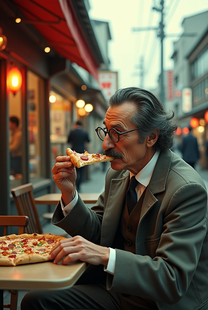 Salvador Dalí eat pizza in the japan street. Realistic style. Film photography 35mm