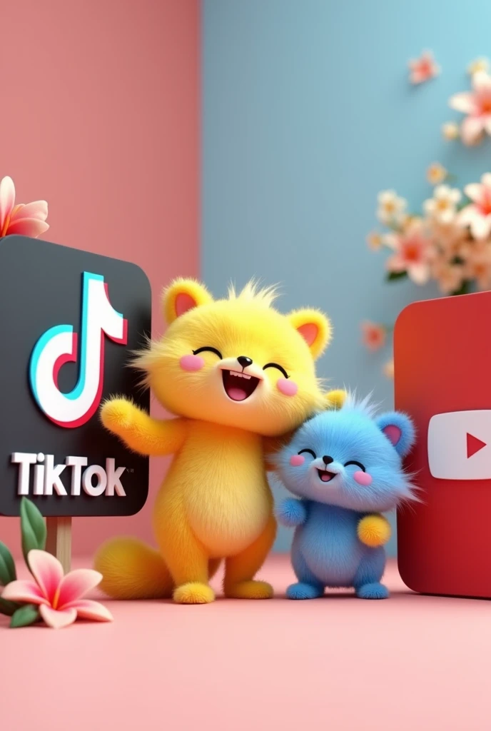 A yellow furry with his blue furry friend posing next to the tiktok and youtube logo