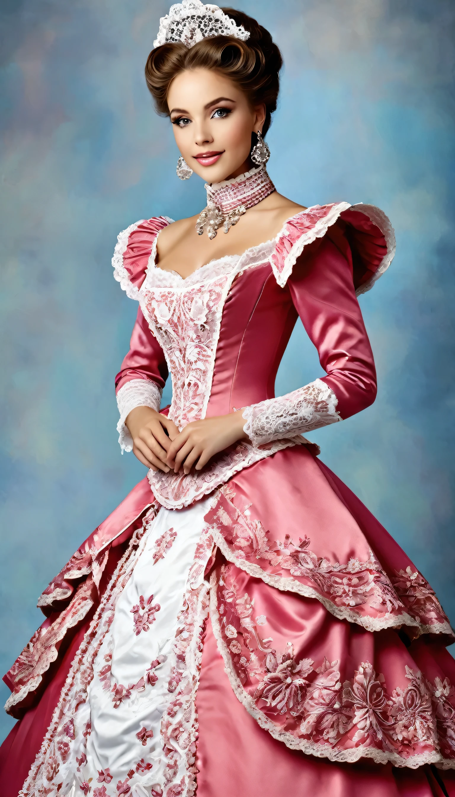 There is a beautiful woman, blue eyed blonde, (in a white and red dress), (Victoria style suit), 1 8 7 0 s Seasonal clothing, Victorian Clothes, victory, victorian dress, 1 8 8 0 s style, in victorian aristocrat, usando Victorian Clothes, intricate victorian dress, victorian inspired clothing, com Victorian Clothes, wearing clothes from the 1860s,very long eyelashes, half open mouth, a whole body photo,big diamond collar, big diamond earrings,pink shiny lipgloss