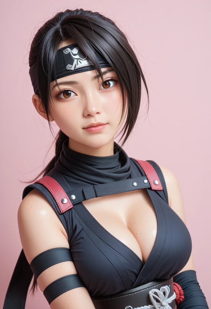 score_9,score_8_up,score_7_up,(pastel-color),(high brightness colors),Cute 20-year-old Japanese 1 girl,solo,(8k, masterpiece, ultra-detailed, best quality, ultra high res, newest, very aesthetic, absurdres, illustration, perfect composition),(hires),looking at viewer,black hair,shiny skin,fair skin,(upper body:1.5),toothless smilev,emphasizing her curvy body and large breasts,(ninja:1.5)