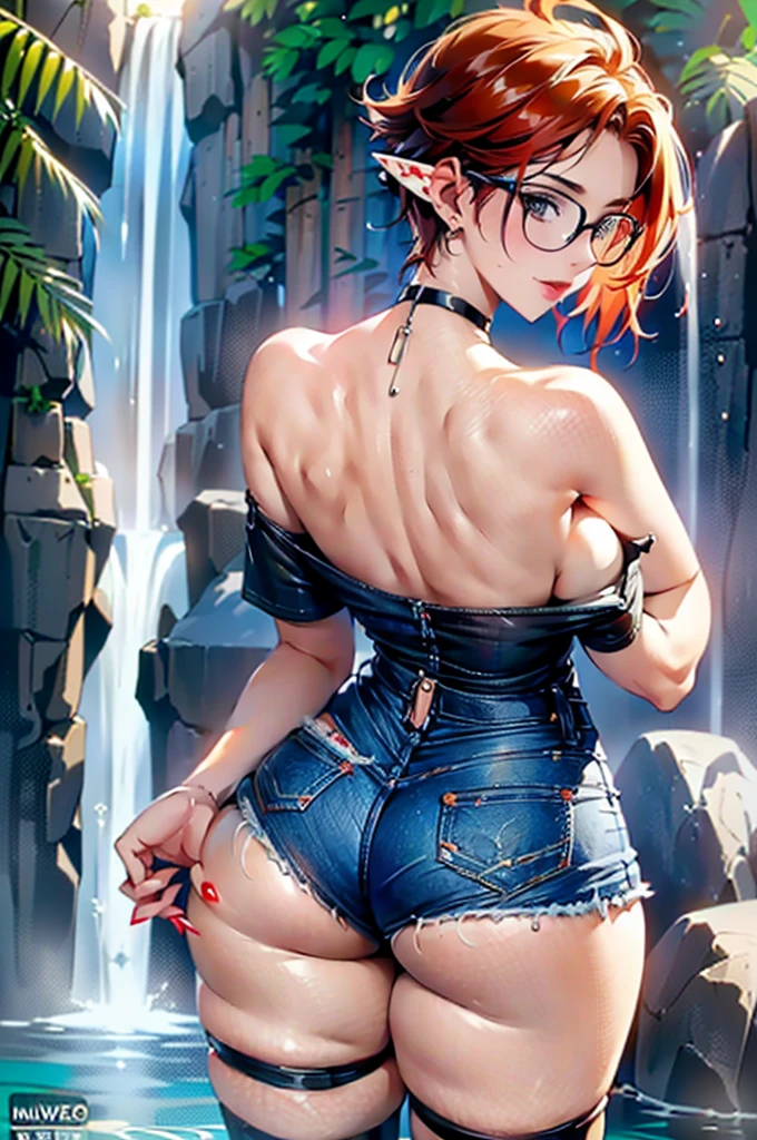 
(large breasts 1.4), beautiful elf woman, ((Short Red Hair: 1.6, straight with shine)), bright blue eyes, bright eyes, double eyelids, light effect on eyes, detailed irises, sexy, curvy body, glasses,(( off the shoulder black tee shirt no logo or words: 1.6, choker, tiny denim shorts, black high heels, legs exposed,)) ((micro denim shorts, edgy sexy, Beautiful and cool, shorts)), ((Wet Clothes)) ((work of art, hyper-realistic, hyper detailed, Best quality, 16k, light and shadow on skin, vivid colors), eyeliner, Thin eyebrows, Sensual expression, perfect lips, sexy mature face, ((skin with light and shadow) flirting seductively with the viewer, lots of freckles, full lips, extreme blush, smile, ((standing under a waterfall, washing hair)), daytime, noon, rays of light, masterpiece, ((Hands washing hair: 1.6, biting lower lip)) ((View from Behind)),