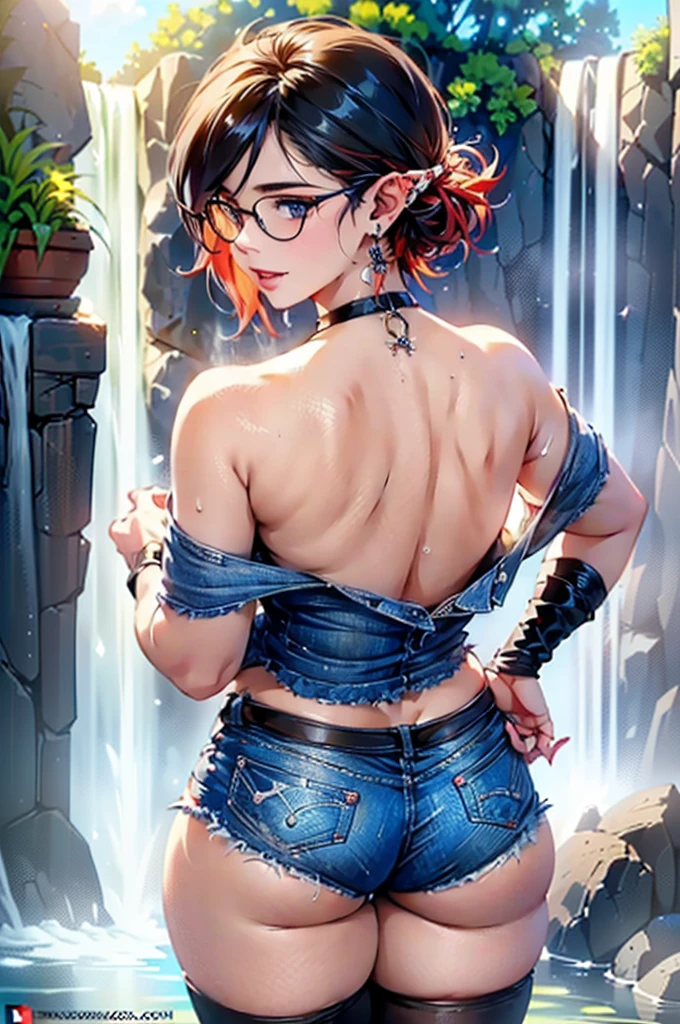 (large breasts 1.4), beautiful elf woman, ((Short Red Hair: 1.6, straight with shine)), bright blue eyes, bright eyes, double eyelids, light effect on eyes, detailed irises, sexy, curvy body, glasses,(( off the shoulder black tee shirt no logo or words: 1.6, choker, tiny denim shorts, black high heels, legs exposed,)) ((micro denim shorts, edgy sexy, Beautiful and cool, shorts)), ((Wet Clothes)) ((work of art, hyper-realistic, hyper detailed, Best quality, 16k, light and shadow on skin, vivid colors), eyeliner, Thin eyebrows, Sensual expression, perfect lips, sexy mature face, ((skin with light and shadow) flirting seductively with the viewer, lots of freckles, full lips, extreme blush, smile, ((standing under a waterfall, washing hair)), daytime, noon, rays of light, masterpiece, ((Hands washing hair: 1.6, biting lower lip)) ((View from Behind)),
