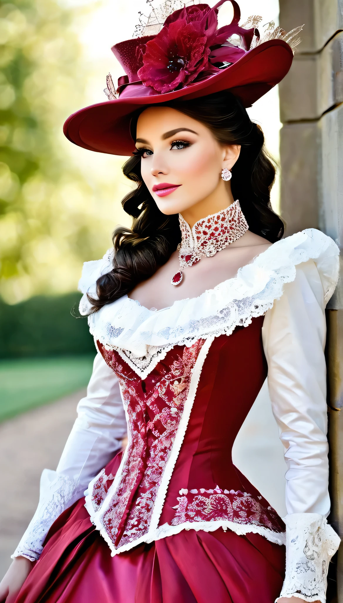There is a beautiful woman, blue eyed blonde, (in a white and red dress), (Victoria style suit), 1 8 7 0 s Seasonal clothing, Victorian Clothes, victory, victorian dress, 1 8 8 0 s style, in victorian aristocrat, usando Victorian Clothes, intricate victorian dress, victorian inspired clothing, com Victorian Clothes, wearing clothes from the 1860s,very long eyelashes, half open mouth, a whole body photo,big diamond collar, big diamond earrings,pink shiny lipgloss, big breasts, very tiny laced waist, corseted women