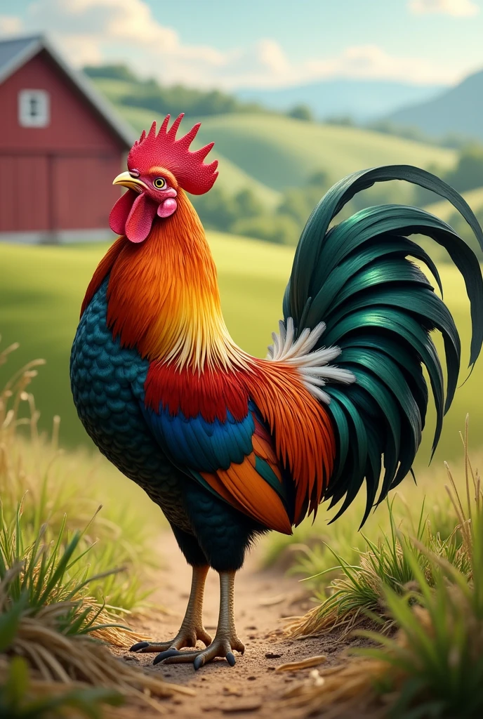 a rooster with colorful feathers on a farm
