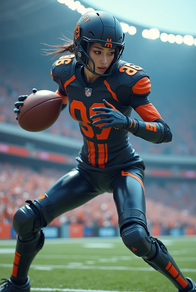photo-realistic, ultra-realistic, very beautiful Japanese, famous Japanese idol, 20 years old, dramatic scene, masterpiece, beautiful eyes, (wearing cyber punk mecha-suits with neon marker:1.5), (she is playing extremely acrobatic American football at large stadium:1.5), (fully equipped with futuristic mecha American football equipment:1.3), amazing view of a lot of spectators, acrobatic pose, dynamic angle, spectacular, Nimble movements, Sharp turns, (very large breasts),