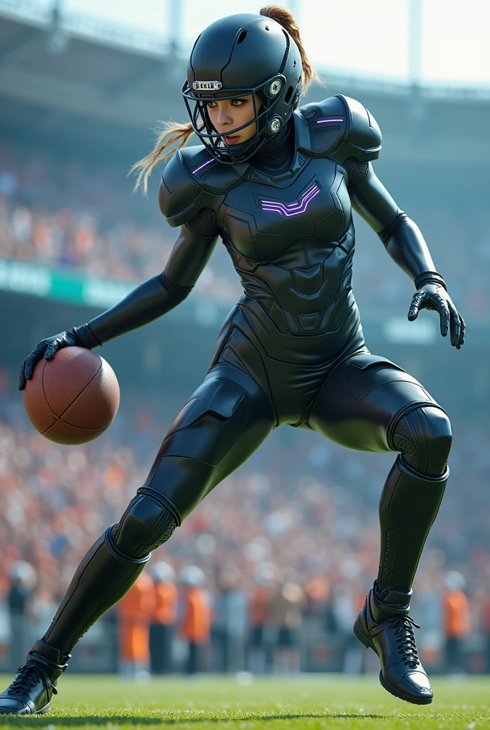 photo-realistic, ultra-realistic, very beautiful Japanese, famous Japanese idol, 20 years old, dramatic scene, masterpiece, beautiful eyes, (wearing cyber punk mecha-suits with neon marker:1.5), (she is playing extremely acrobatic American football at large stadium:1.5), (fully equipped with futuristic mecha American football equipment:1.3), amazing view of a lot of spectators, acrobatic pose, dynamic angle, spectacular, Nimble movements, Sharp turns, (very large breasts),