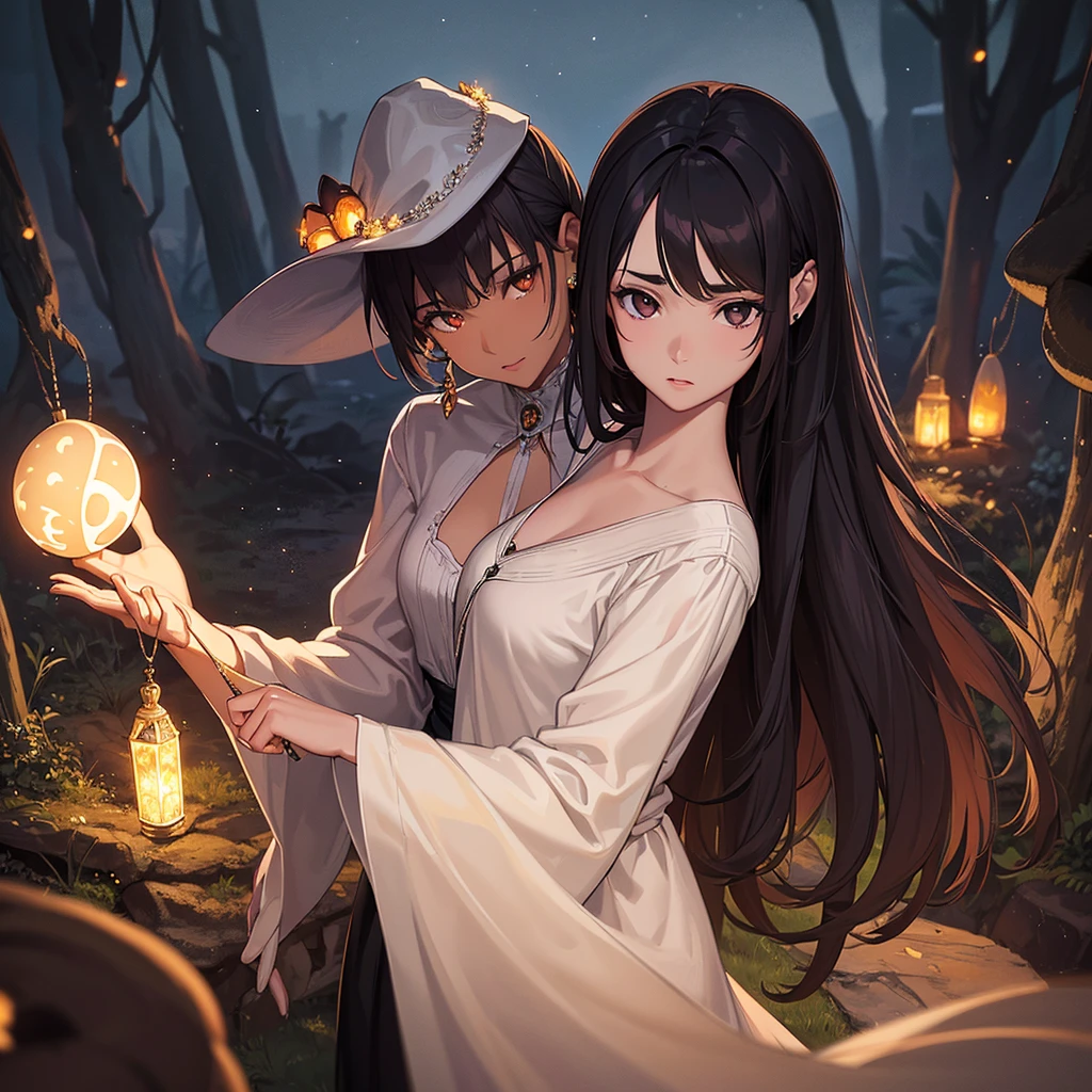 a beautiful witch with amber brown eyes, small slanted eyes, a small mouth, pale skin, a pixie cut shaved black hair, an eyebrow piercing, an ear piercing, gazing into a luminous crystal ball, in a nighttime forest, with an owl nearby, mushrooms scattered on the ground, a black cat, a starry sky with a waning moon, her dark-skinned boyfriend with long curly brown hair and full lips standing behind her, (best quality,4k,8k,highres,masterpiece:1.2),ultra-detailed,(realistic,photorealistic,photo-realistic:1.37),dark composition,dark illuminated,ângulo aberto