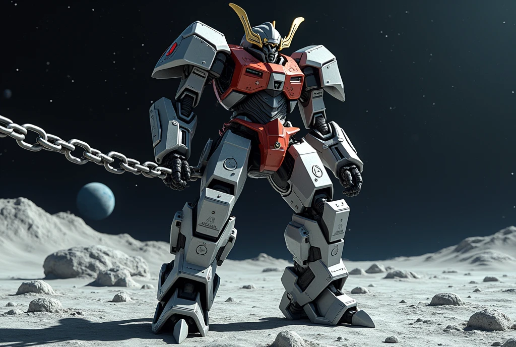 A giant robot (samurai theming, head has helmet styling and a large bubble dome cockpit), lunar surface, stars in back ground, action pose, Wielding a huge chain with a spiked hook at the end
