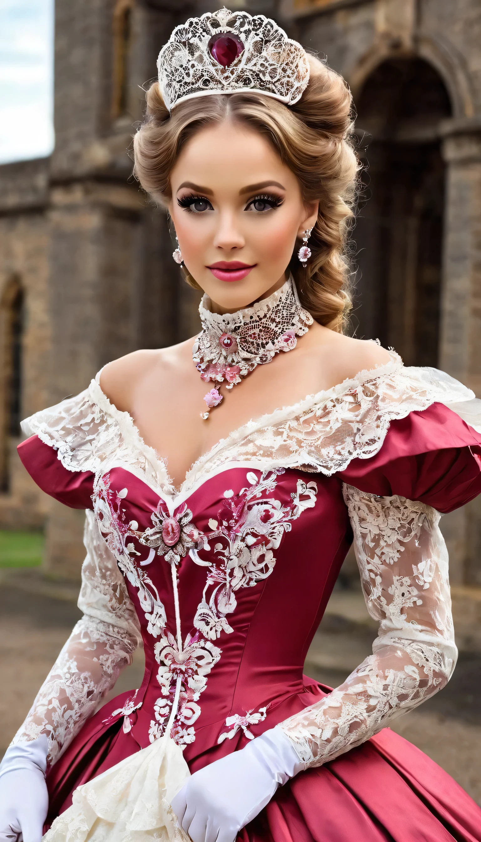 There is a beautiful woman, blue eyed blonde, (in a white and red dress), (Victoria style suit), 1 8 7 0 s Seasonal clothing, Victorian Clothes, victory, victorian dress, 1 8 8 0 s style, in victorian aristocrat, usando Victorian Clothes, intricate victorian dress, victorian inspired clothing, com Victorian Clothes, wearing clothes from the 1860s,very long eyelashes, half open mouth, a whole body photo,big diamond collar, big diamond earrings,pink shiny lipgloss, big breasts, very tiny laced waist, corseted women,full body photography, full body shot