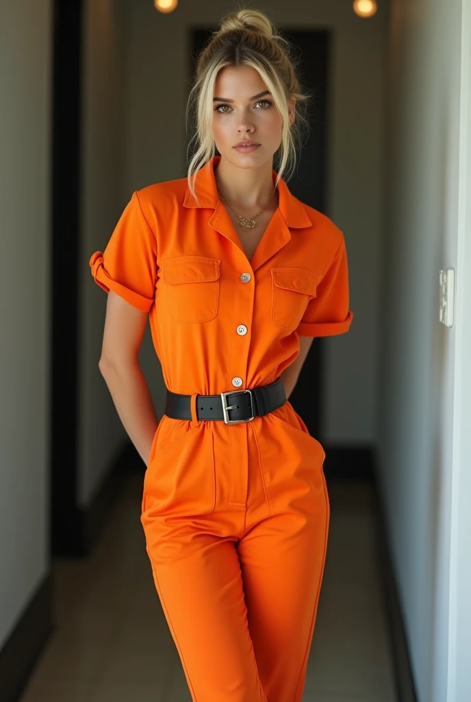 Frontal photograph of a beautiful young model with long a blonde medium length pulled back ponytail hair wearing a sexy synthetic orange prisoner jumpsuit, inmate jumpsuit, button-up, sexy view, handcuffed, hands cuffed to her back, wearing a tight black stylish belt, high black boots, short sleeves, sexy pose, very attractive look, skinny, anorexia, 1, thin and athletic body, (thin girl 1:5), short sleeves, supermodel face and body, brown eyes, long pants, hands at back, elastane synthetic orange prisoner jumpsuit, jumpsuit made of elastic spandex, jumpsuit has 4 visible silver buttons, her belt is made of stylish leather, elastic jumpsuit, jumpsuit is not tight on body, perfect woman, slim, (perfect Hands), (blonde medium straight ponytail hair:1.2), (wasp waist:1.3), big heavy black stylish designer belt of leather, visible breast contours, light blonde hair, a lot of cringles and creases on the jumpsuit, light blonde hair, full body view, tops of her boots visible, sporty ponytail, short sleeves, sexy model pose, she is highlighting her but in her pose, no pockets, looking at viewer like she wants ???, 70's prisoner jumpsuit, 80's orange prison jumpsuit, 90's prisoner jumpsuit, Soviet orange prison jumpsuit, hands handcuffed, handcuffed, handcuffs on her wrists, hands at back, hands cuffed to her back, hands handcuffed to her back, full body view, knees visible, hands tied to her back, hands handcuffed to her back, hands cuffed to her back, sexy pants, pants looking sexy on her legs, sporty style ponytail, picture starting from her knees, jumpsuit made of elastic spandex, very sexy pose, pointing out her ass, belted, long pants, button-up jumpsuit, medium length light blonde loose sleek sporty ponytail, make-upless face, short sleeves