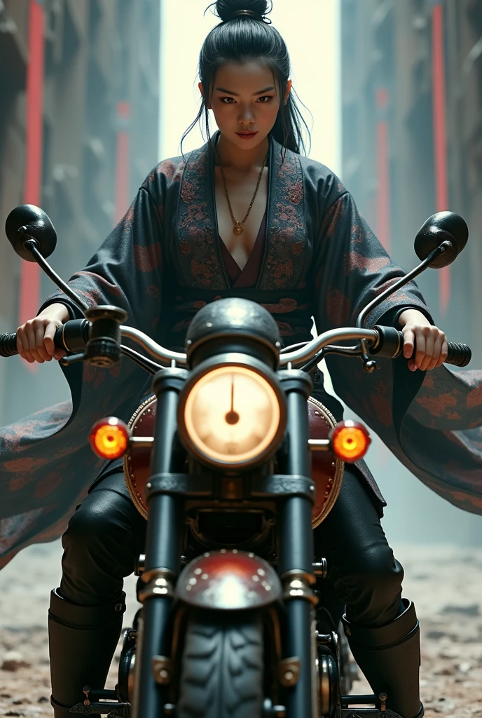 (8K, highest quality, masterpiece:1.2), (realistic:1.4), Raw photo, highest quality, ultra high resolution, best shadow, (full body:1), historical heroine, cleavage, Swordmaster, kabuki, (samurai sword), large scale amazing environment, horror, dark horror, highly detailed facial features, beautiful and perfect face, perfect eyes, perfect fingers,