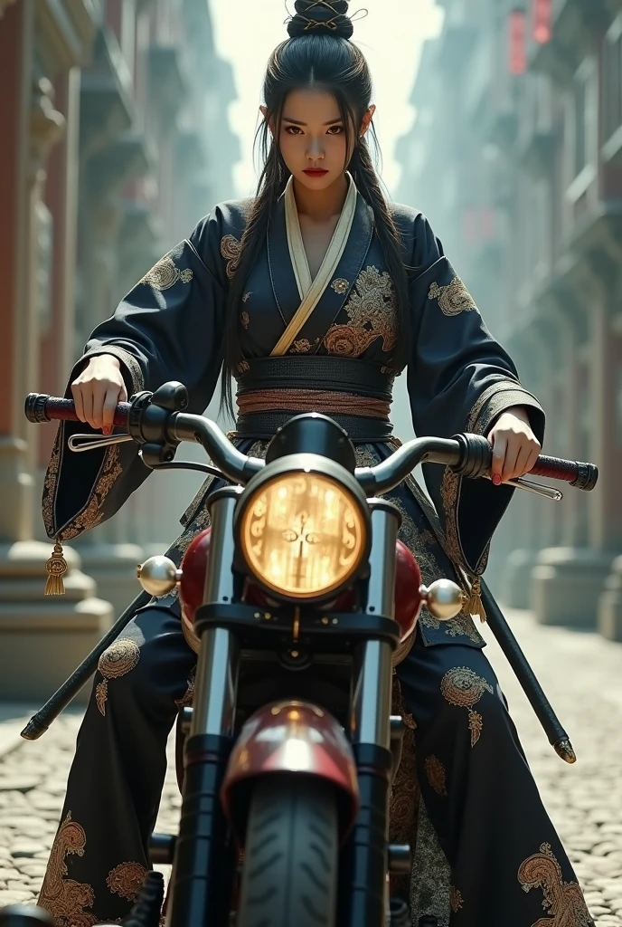 (8K, highest quality, masterpiece:1.2), (realistic:1.4), Raw photo, highest quality, ultra high resolution, best shadow, (full body:1), historical heroine, cleavage, Swordmaster, kabuki, (samurai sword), large scale amazing environment, horror, dark horror, highly detailed facial features, beautiful and perfect face, perfect eyes, perfect fingers,