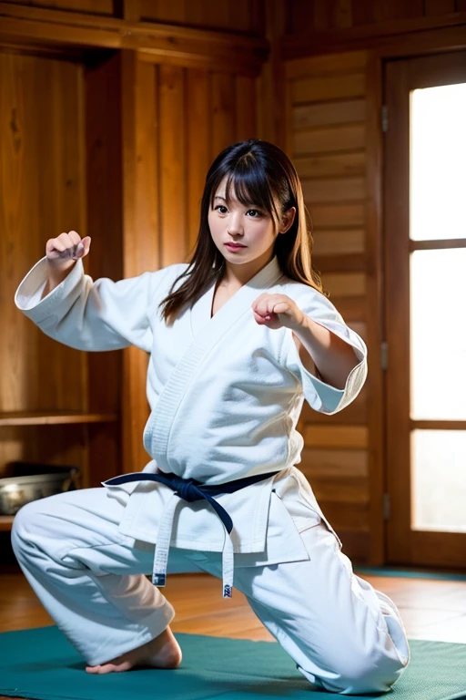 (((Fighting Pose)))、(No bra)、Big Breasts、(((Front open shirt))、(((Empty-handed)))、(Black Hair)、(Blunt bangs)、(ponytail)、(from the front)、(Women's Karateka)、(Glowing Skin)、((smile))、((blush))、Bust Shot、(((Karate Dojo)))、((Delicate painting))， (Highest quality), (Ultra-high resolution:1.5), (Realistic), 4K resolution,  , Very detailed,((The background is a karate dojo))