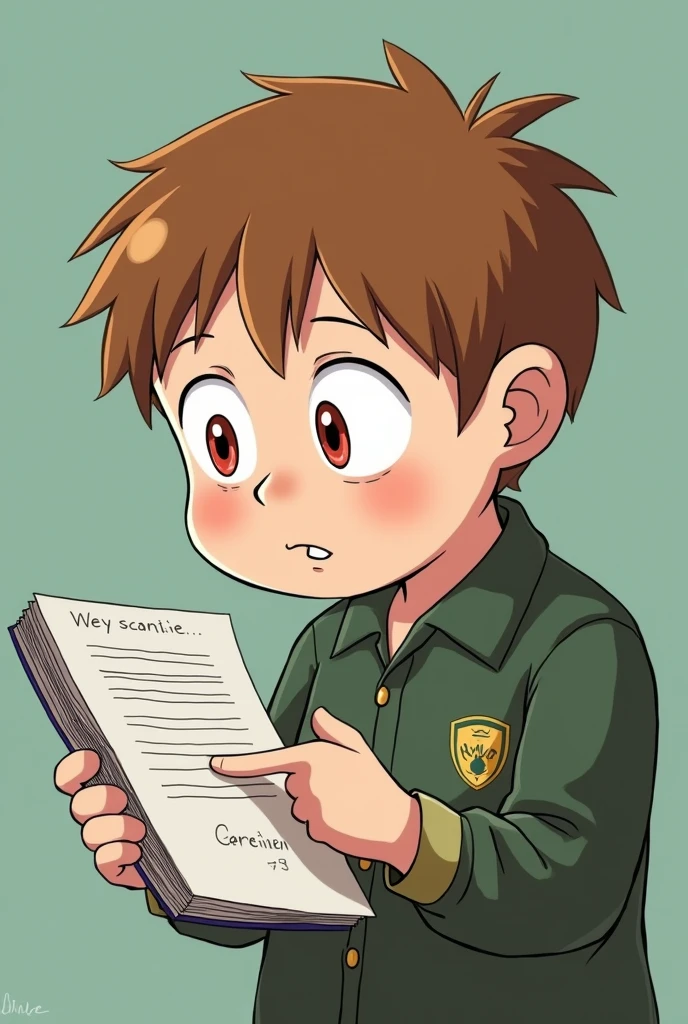 Light brown hair, slightly chubby face, one eye is red and the other is light brown, Eric Cartman is a man , He is a 13 year old boy, His face is excited , Her hair is straight and quite flat, cut around his head without much volume, profile or semi-coastal , with school uniform, normal expression, pose holding a field notebook, pointing out what's in his notebook