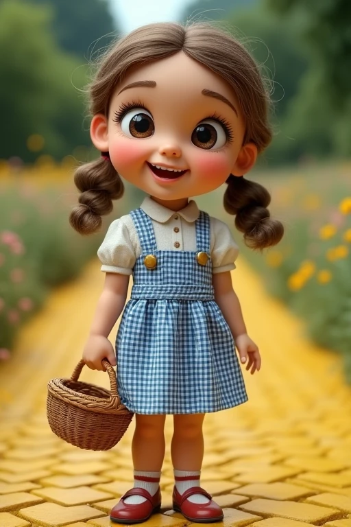 ((masterpiece)), ((best quality)), Dorothy Gale, silver shoes, carrying a basket over arm, Toto, yellow brick road, perfect detailed eyes, perfect detailed face, ultra-detailed nose, open mouth, perfect teeth, bare shoulders, charming, perfect face, dimple on cheek, depth of field, high resolution, ((real skin texture)), (well-proportioned hands), thin lips, blue and white checked gingham dress, pig tails