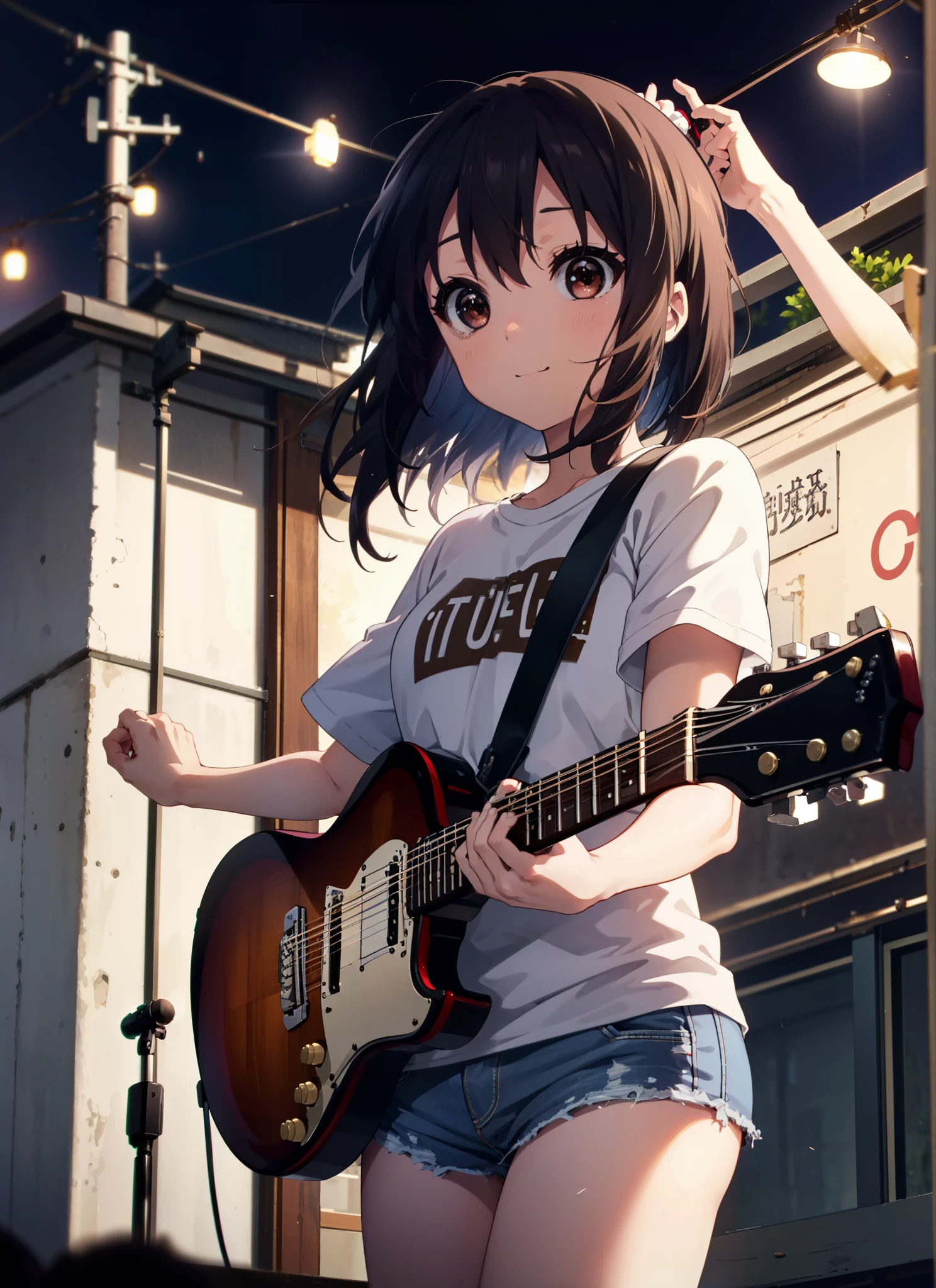 meet, Azusa Nakano, Black Hair, (Brown eyes:1.5),Long Hair,red hair band,Oversized T-shirt,Short sleeve,denim,short boots,Instrument playing, Stage Performance, hot air,Happy atmosphere,スタンドマイクの前でguitarをを弾きながら熱唱,guitar(Red Mustang),On the forehead,Singing with your mouth open,smile,Street Performance,night,moonlight,whole bodyがイラストに入るように,
break outdoors, Building district,
break looking at viewer, whole body,
break (masterpiece:1.2), Highest quality, High resolution, unity 8k wallpaper, (figure:0.8), (Beautiful attention to detail:1.6), Highly detailed face, Perfect lighting, Highly detailed CG, (Perfect hands, Perfect Anatomy),