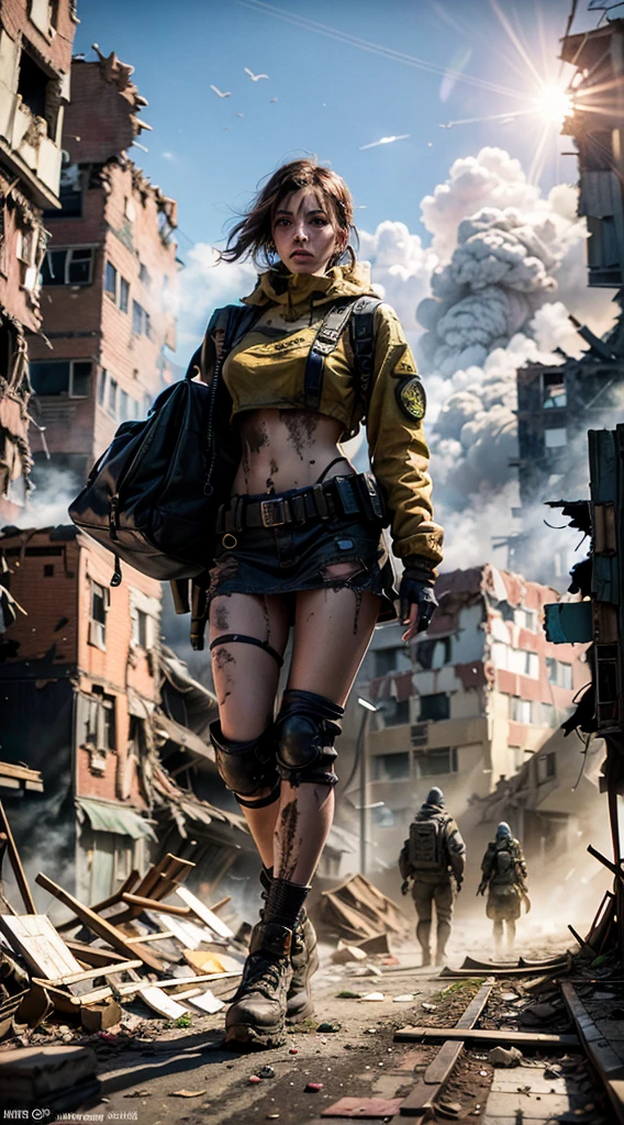 Man and Woman Couple, Total of two people, masterpiece, best quality, high resolution, Rich details, 8k, extreme light and shadow, Image of a beautiful young woman wearing yellow tactical gear, dirty and dusty , Walk through the ruined streets of a fallen city, Post-apocalypse, Smoke and fog in the air, The yellow-gray sky bursts open, covered with toxic clouds.., collapsed buildings, Broken streets, tall body, detailed face, detailed eyes, cold face, dirty, (Post-apocalypse theme),backlight, Fierce expression