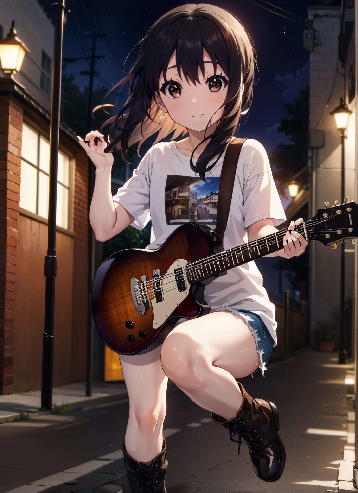 meet, Azusa Nakano, Black Hair, (Brown eyes:1.5),Long Hair,red hair band,Oversized T-shirt,Short sleeve,denim,short boots,Instrument playing, Stage Performance, hot air,Happy atmosphere,スタンドマイクの前でguitarをを弾きながら熱唱,guitar(Red Mustang),On the forehead,Singing with your mouth open,smile,Street Performance,night,moonlight,whole bodyがイラストに入るように,
break outdoors, Building district,
break looking at viewer, whole body,
break (masterpiece:1.2), Highest quality, High resolution, unity 8k wallpaper, (figure:0.8), (Beautiful attention to detail:1.6), Highly detailed face, Perfect lighting, Highly detailed CG, (Perfect hands, Perfect Anatomy),