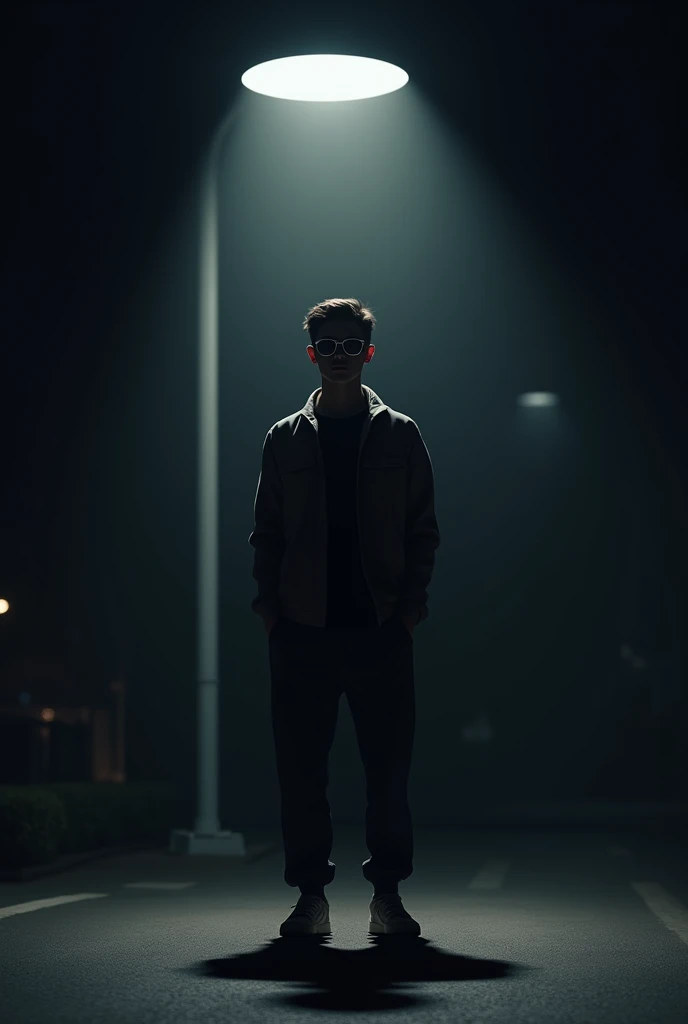 A boy standing under a lamppost..his shadow is seen. He is tall looking attractive.. The place must be dark.he wear a sunglass