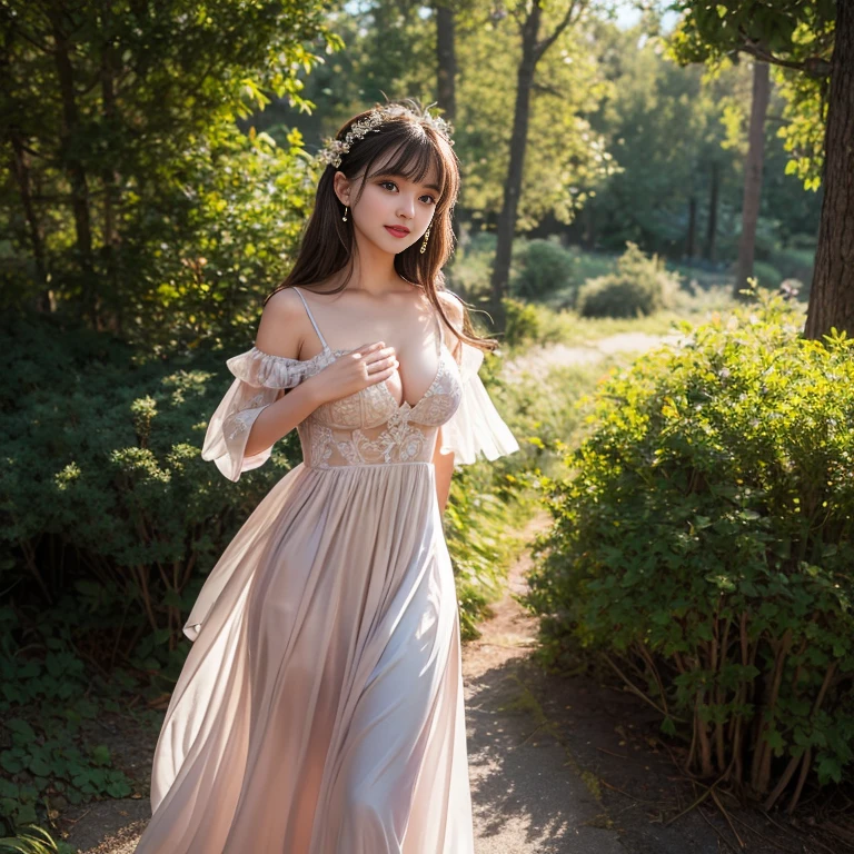 Wear long dresses, princess dress,formal dress,Small dresses,floral dress,elegant,Fairy,heavy dress,gauze skirt dress, puffy skirt, chiffon material,Puff sleeves,High neck,(knee shot), elegant,1 woman, On the face, light brown hair, blunt bangs, hair behind ears, Hair over the shoulders, long hair, Slender body type, Super thin face, face slimming, delicate lips, beautiful eyes, Thin blush, Eyes are light brown,Check it out here, (realistic:1.3), in the coniferous forest, One person's perspective, 8k, Super detailed, high quality, best quality, High resolution,(masterpiece))、(top quality)、8k、high detail、Super detailed,masterpiece、born、Intricate details and complex designs、Beautifully、magic、capricious、 Beautifully、Dream aesthetics、「𝓡𝓸𝓶𝓪𝓷𝓽𝓲𝓬、ethereal、charming、fickle、magic」、Realism、Visual effects、FXAA、SSAO、Shaders、voiceless、ambient lighting、Tone mapping、High resolution、Ultra high quality、Million pixels、(8k resolution:1.10)、8k、Below 8K、8k resolution、high detail、intricate details, (high quality:1.2、masterpiece:1.2、:1.21)、(3 female:1.21)、(Smile excitedly)、(full-body shot,Normal 2 feet,Put your hands behind you,The protrusion of the breast is visible when wearing clothes, Large Breasts, H cup chest, No breasts,high-neck dress