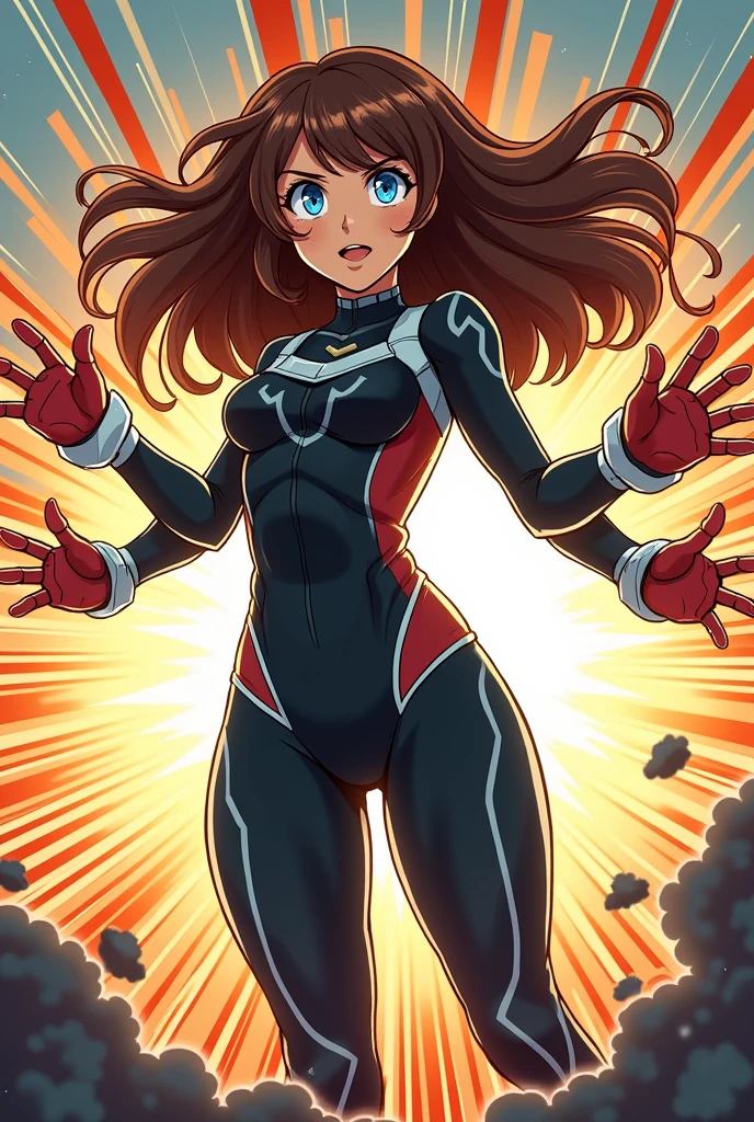 A woman with brown hair, light blue eyes and brunette with the power to grow more limbs and with the bnha drawing style