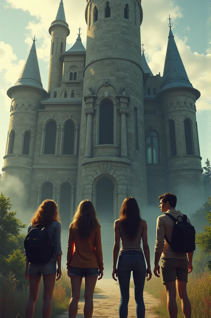 The four friends standing outside the mansion, looking relieved but contemplative, with the ancient building behind them and a sense of newfound courage on their faces.