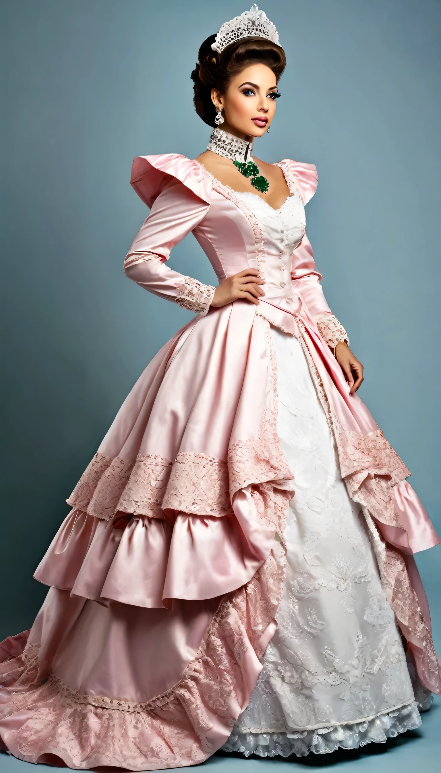 There is a beautiful woman, blue eyed blonde, (in dark-green and white dress), (Victoria style suit), 1 8 7 0 s Seasonal clothing, Victorian Clothes, victory, victorian dress, 1 8 8 0 s style, in victorian aristocrat, usando Victorian Clothes, intricate victorian dress, victorian inspired clothing, com Victorian Clothes, wearing clothes from the 1860s, she is wearing a panier under the skirt,very long eyelashes, half open mouth, a whole body photo,big diamond collar, big diamond earrings,pink shiny lipgloss, big breasts, very tiny laced waist, corseted women,full body photography, full body shot