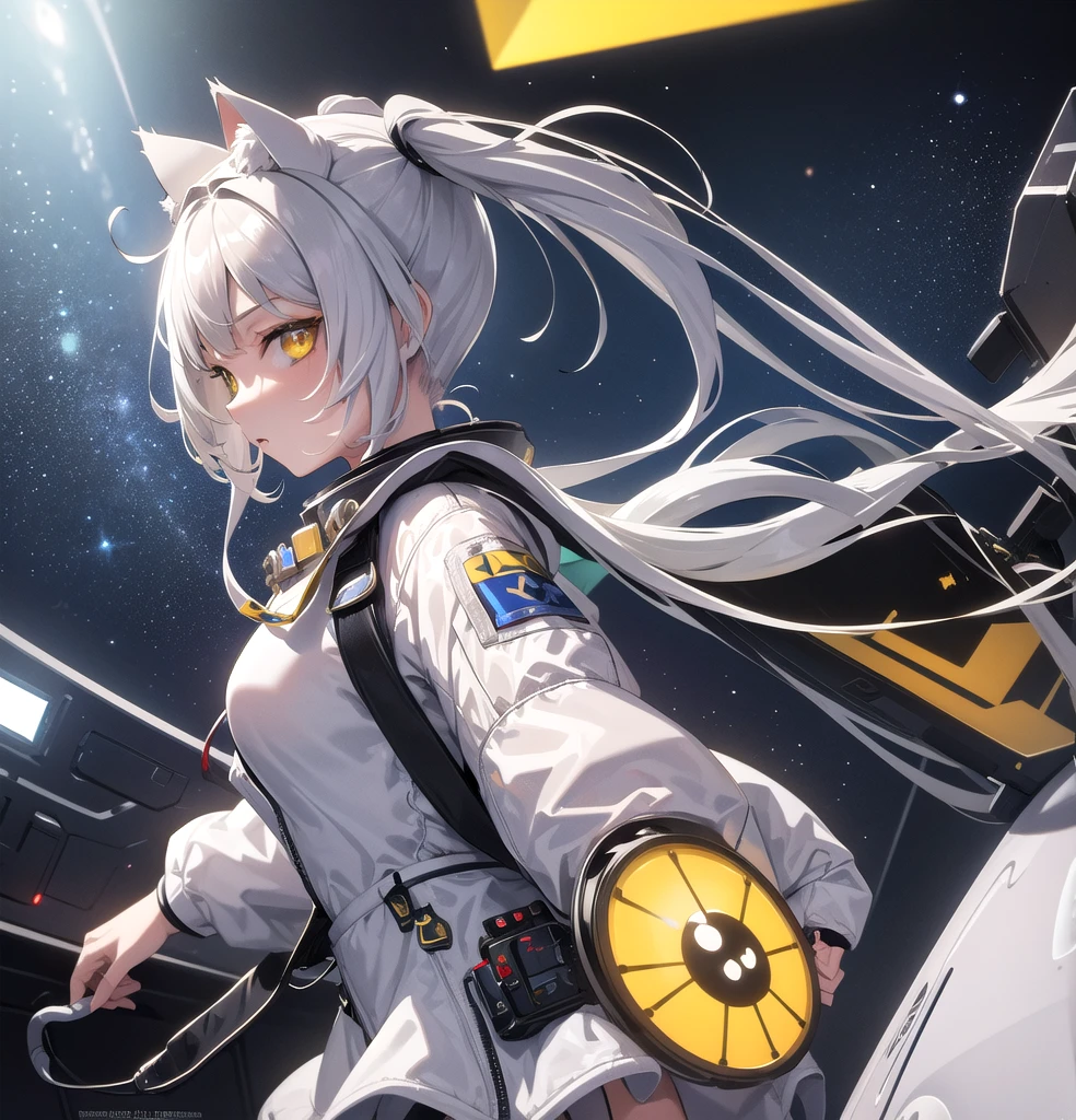 masterpiece, best quality, 1girl, spacecraft interior, spacesuit, upper body, from side, science fiction, yellow eyes, twintails, silver hair, cat ears, looking at viewer,