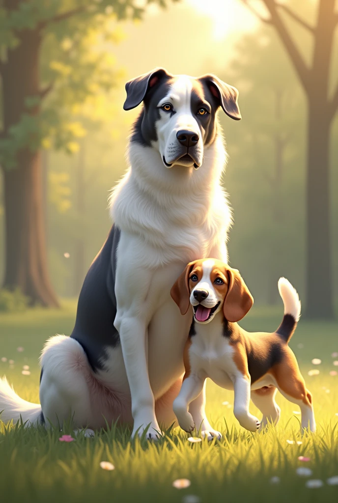 White & gray Great Dane & a beagle as friends 