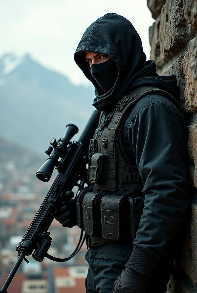 make me a prompt of a sniper person with complete body hands face and foot side view or front view whole body